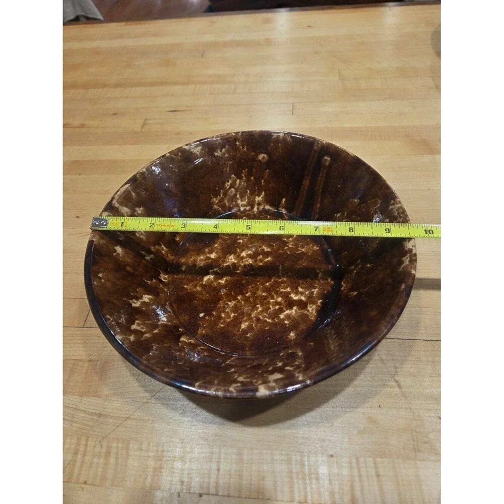 Antique Ohio Rockingham Glazed Sunburst Spongeware Pottery Bowl 9.5